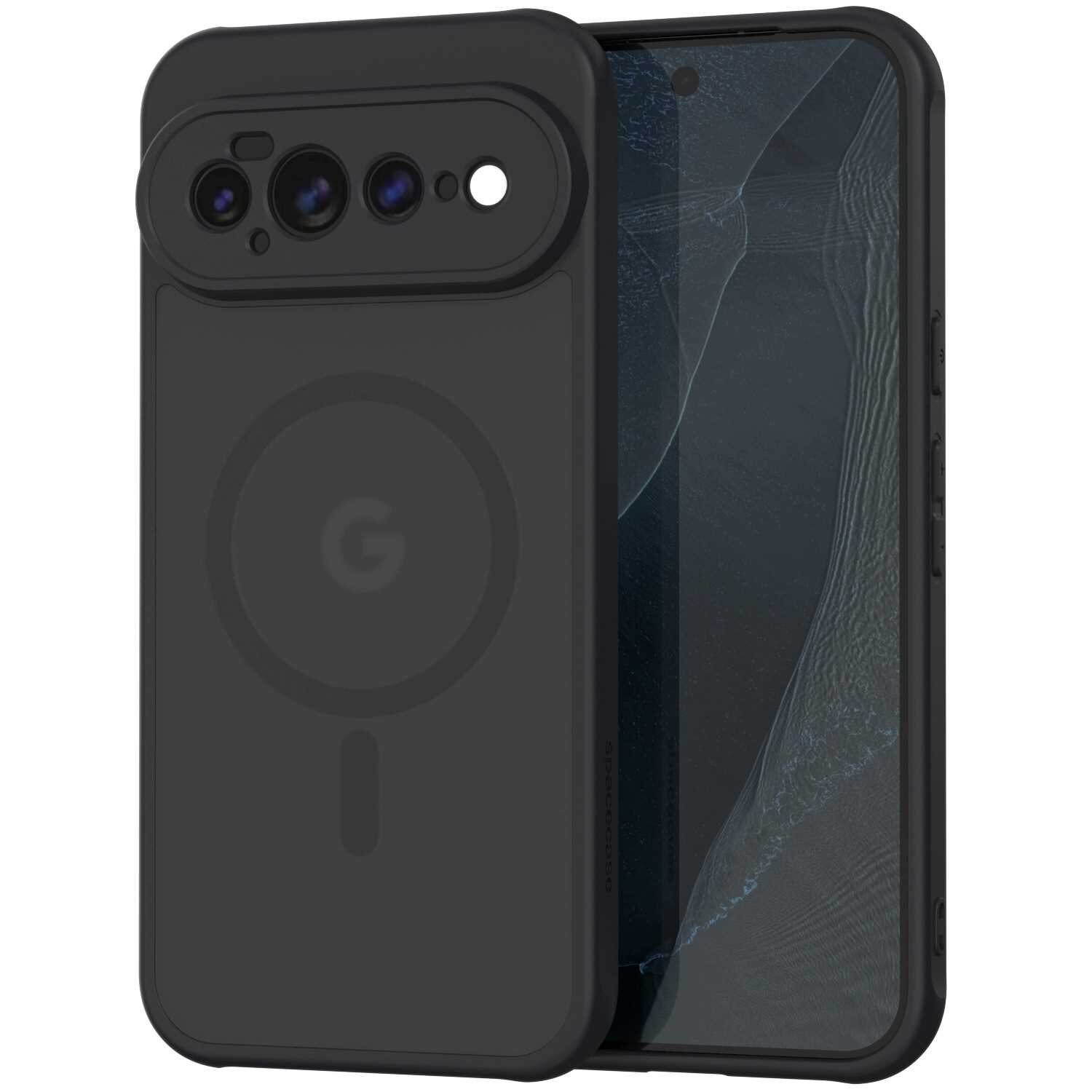 Czarne etui magnetyczne z okrągłym wzorem i literą \'G\' na tylnej części, przeznaczone do telefonu z trzema obiektywami aparatu i lampą błyskową. Na ekranie telefonu widoczny jest wzór przypominający pęknięcie.