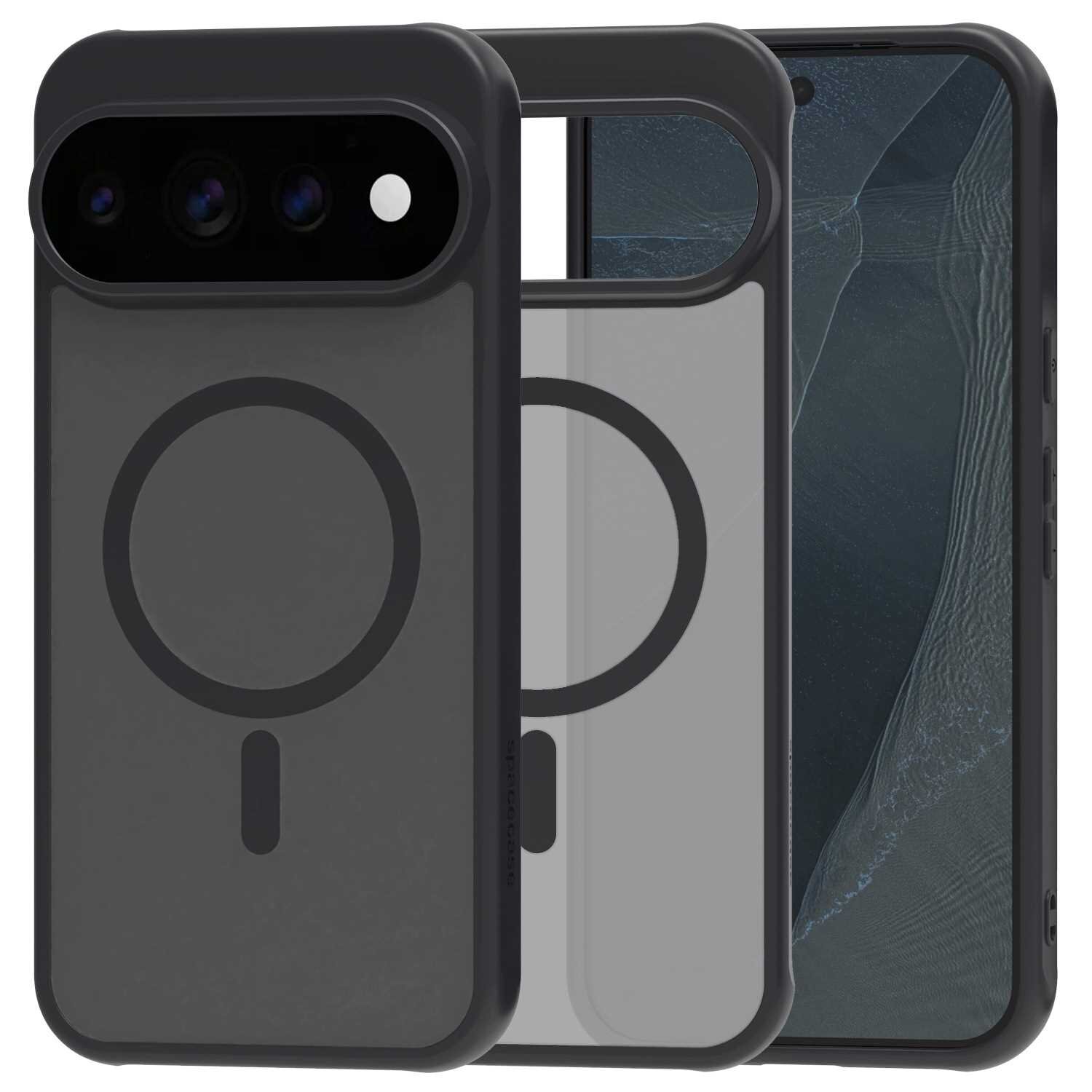 Obraz przedstawia czarne etui magnetyczne z okrągłym wzorem na tylnej części, przeznaczone do telefonu. Etui jest pokazane z przodu i z tyłu, z widocznymi wycięciami na aparat i ekran.