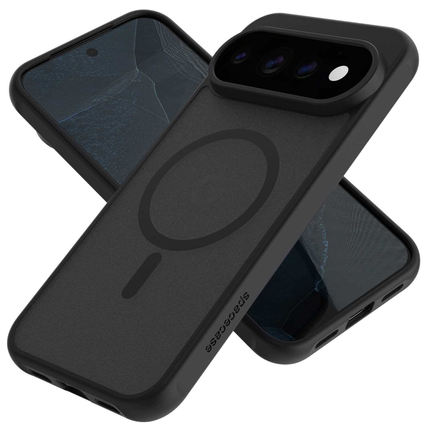 Czarne etui magnetyczne z napisem \'spacecase\' i okrągłym wzorem na tylnej części, przeznaczone do telefonu z trzema obiektywami aparatu. Telefon w etui ma pęknięty ekran.