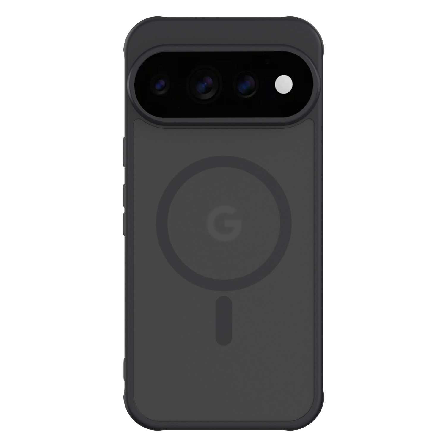Czarne etui na telefon z trzema otworami na aparaty i okrągłym symbolem na środku. Widoczne jest logo \'G\'.