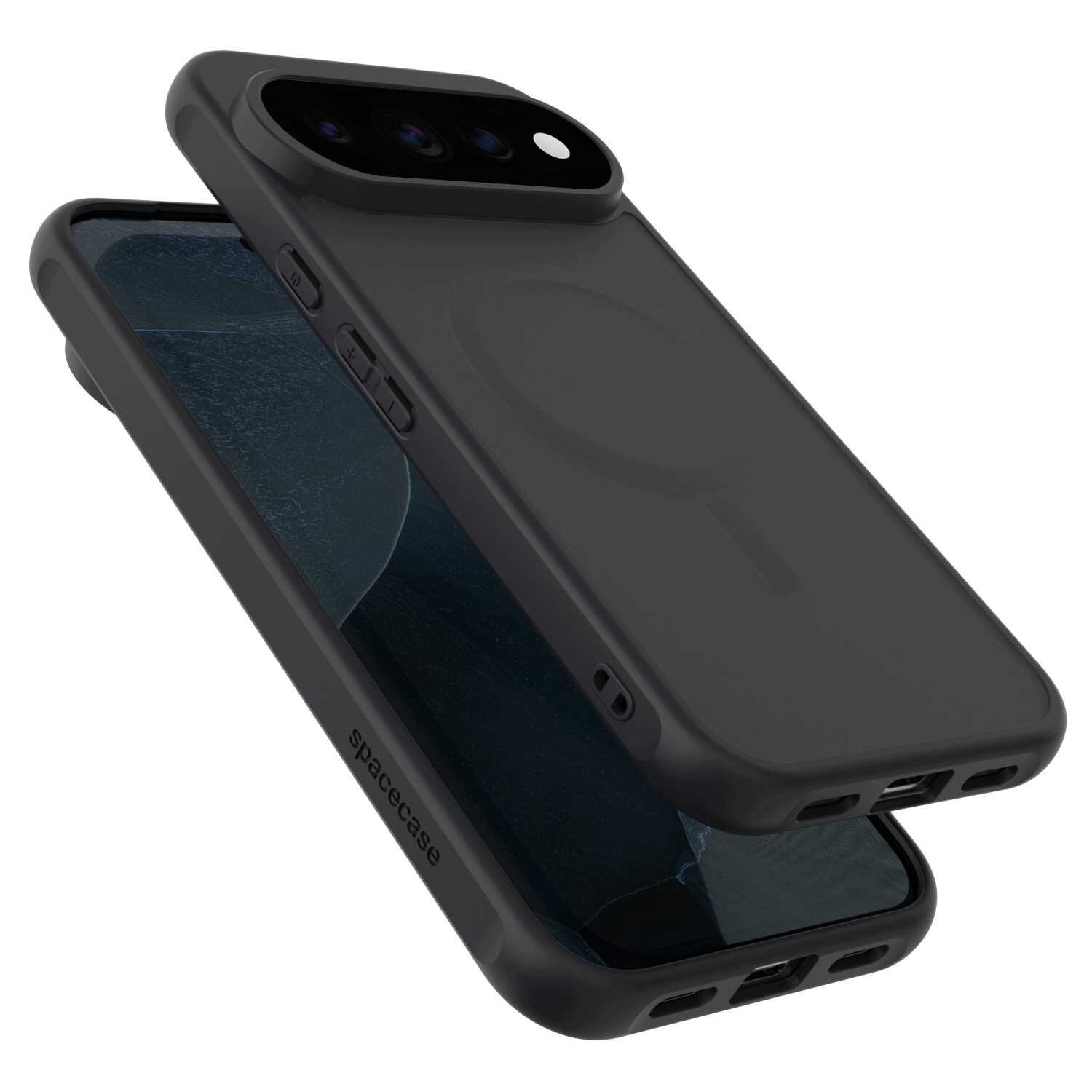 Czarne etui magnetyczne do telefonu z widocznym logo \'spacecase\' na boku. Etui posiada wycięcia na przyciski i aparat oraz okrągły wzór na tylnej części.