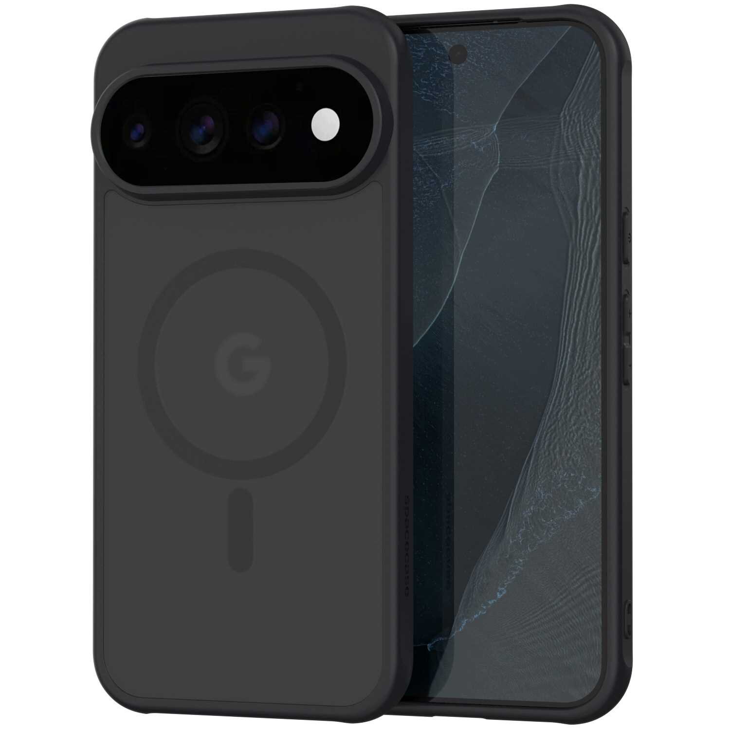 Czarne etui magnetyczne z okrągłym wzorem i literą \'G\' na tylnej części, przeznaczone do telefonu z trzema obiektywami aparatu i lampą błyskową. Telefon ma wyświetlacz z widocznymi pęknięciami na ekranie.