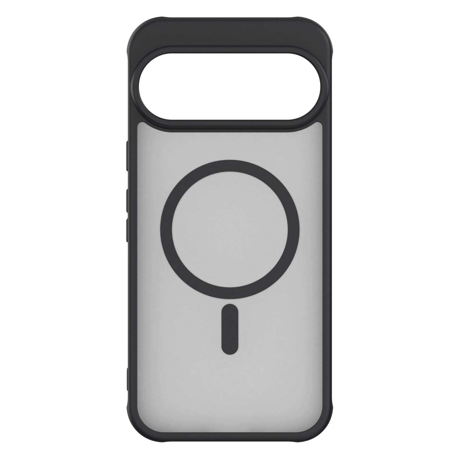 Etui magnetyczne w kolorze czarnym z przezroczystym tyłem i okrągłym symbolem na środku. Produkt przeznaczony do MagSafe, z wycięciem na aparat u góry.