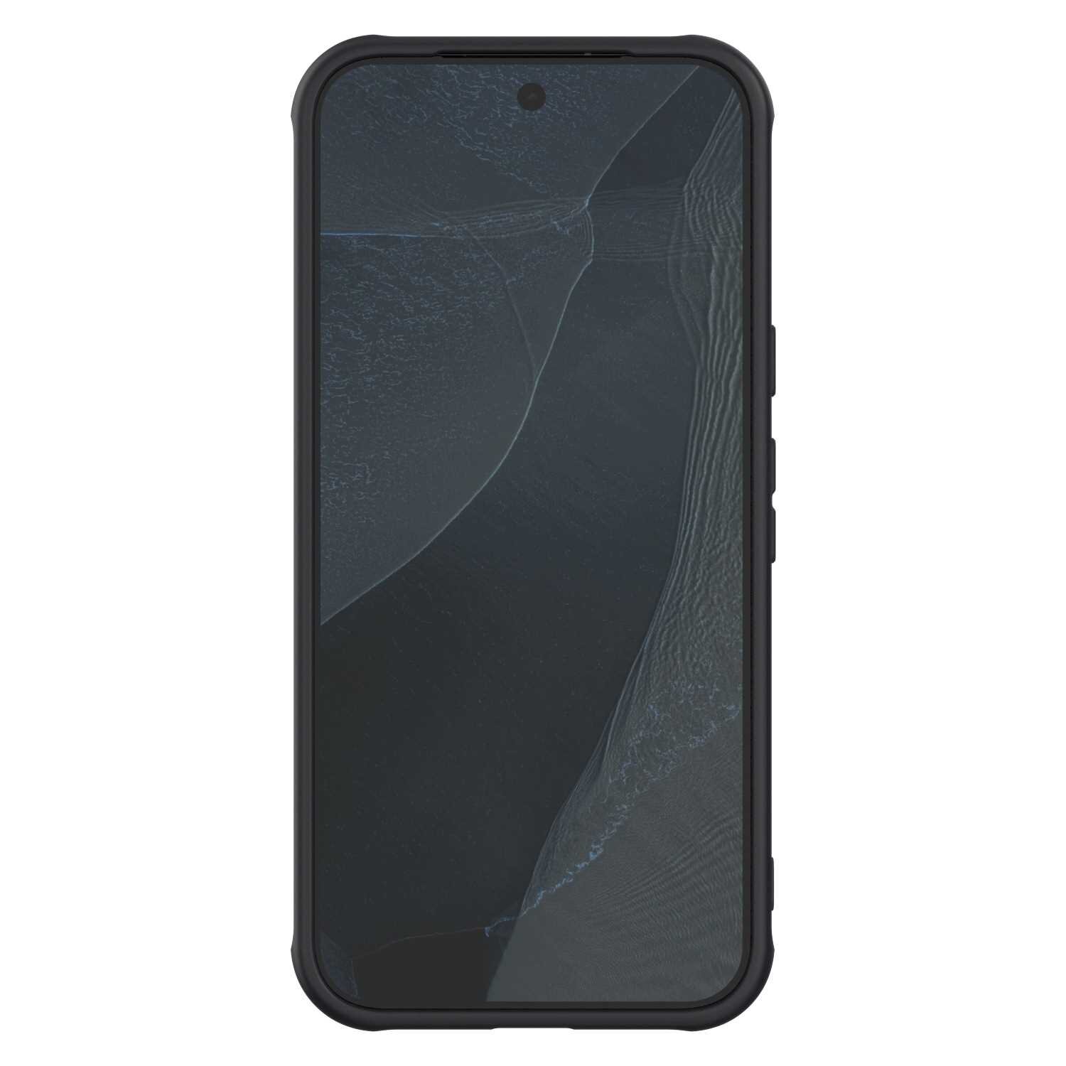 Na obrazie widoczny jest smartfon w czarnym etui z wyświetlaczem pokazującym abstrakcyjny wzór. Etui ma zaokrąglone krawędzie i wycięcie na aparat u góry ekranu.