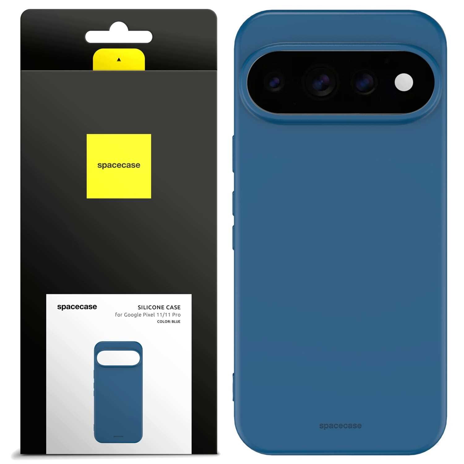 Obraz przedstawia niebieskie silikonowe etui na telefon z trzema otworami na aparat. Obok znajduje się opakowanie z logo \'spacecase\' i napisem \'SILICONE CASE for Google Pixel 11/11 Pro COLOR: BLUE\'.