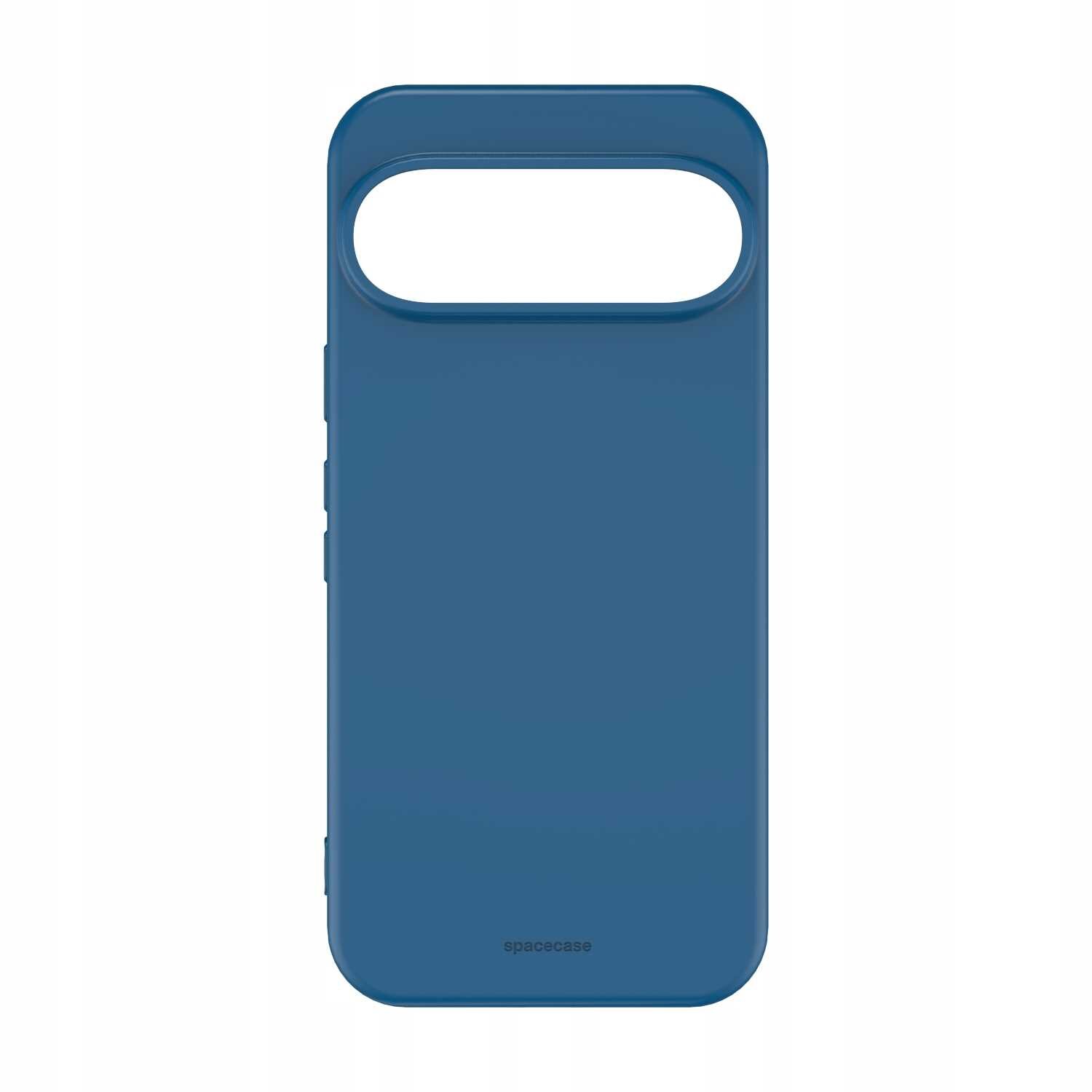 Niebieskie silikonowe etui z dużym otworem na aparat i napisem \'spacecase\' na dole.