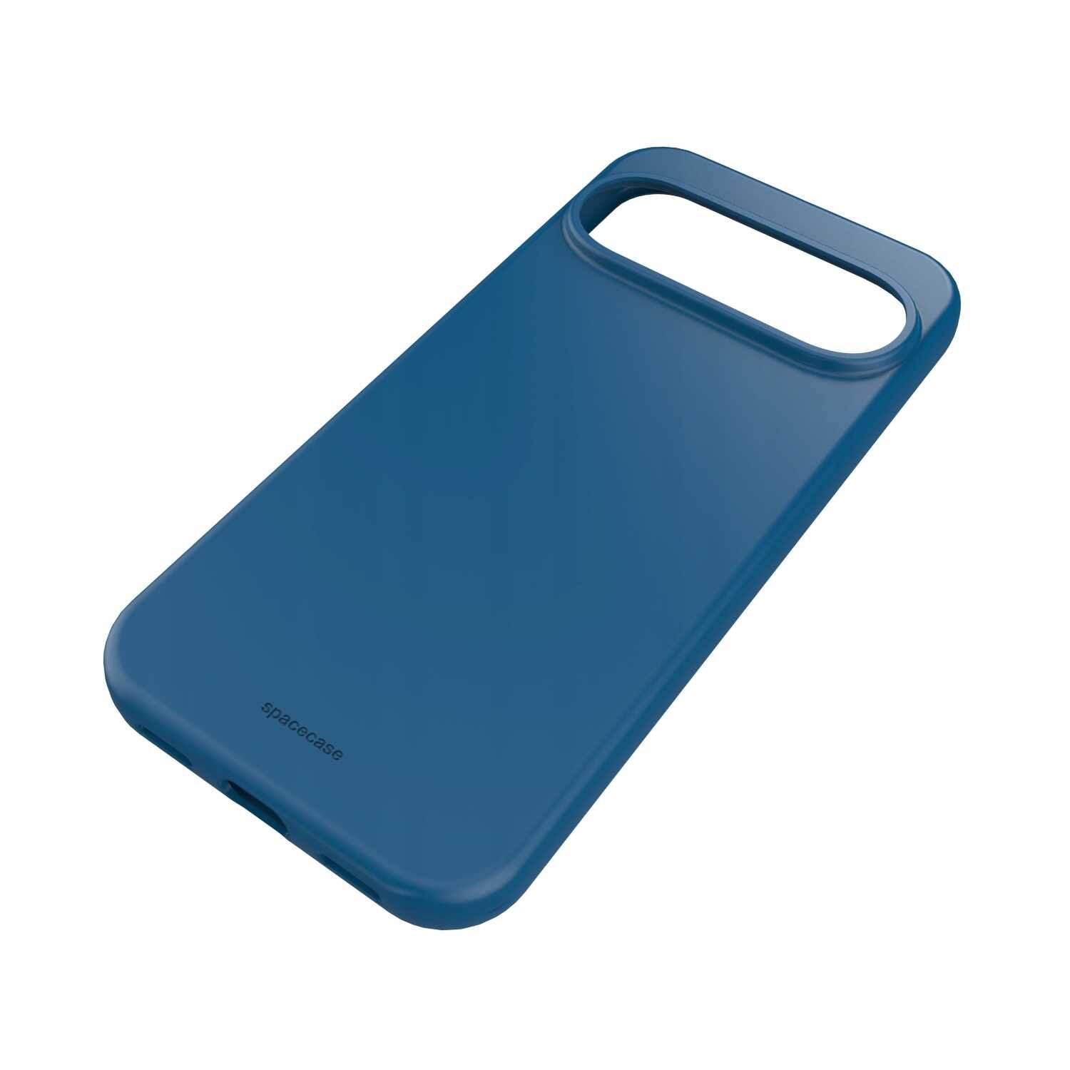 Niebieskie silikonowe etui z wycięciem na aparat, z widocznym napisem \'spacecase\' na dole.