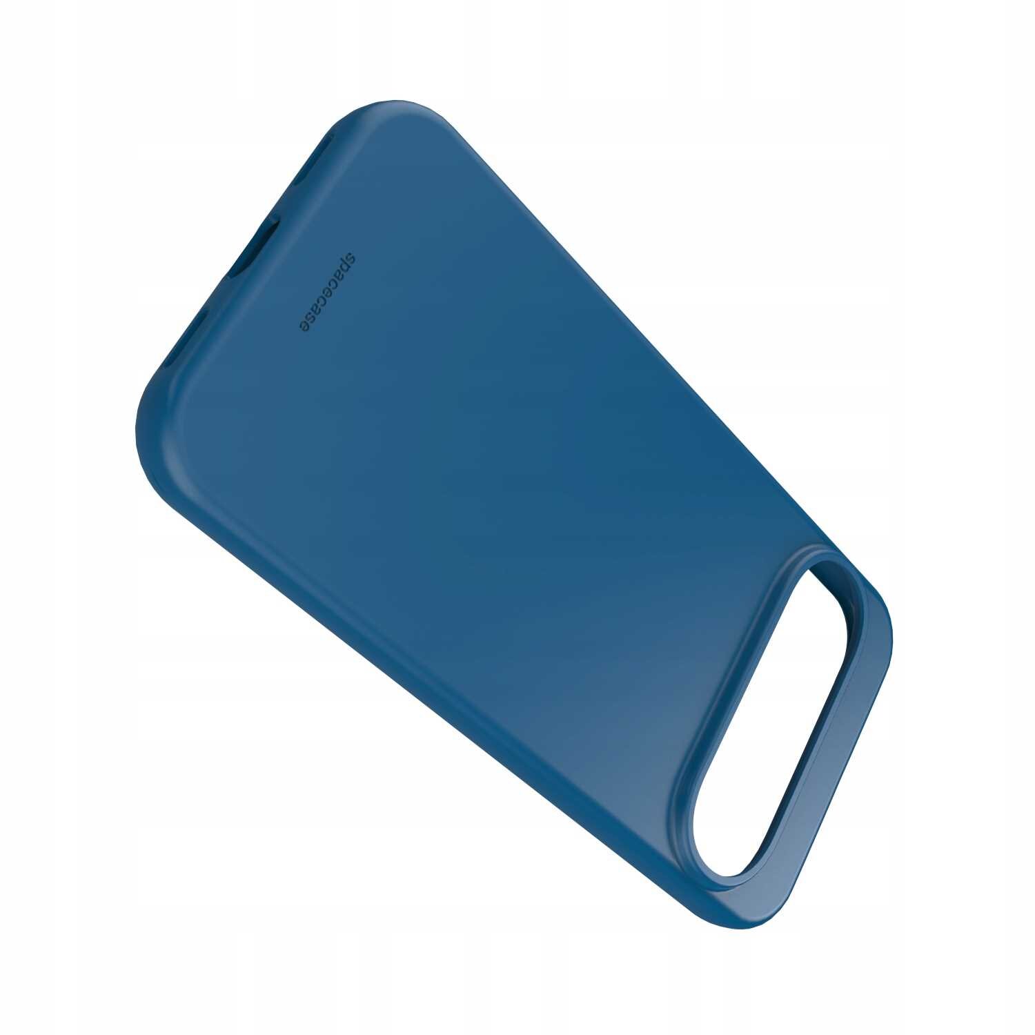 Niebieskie silikonowe etui z wycięciem na aparat, widoczne jest logo \'SPACECASE\'.