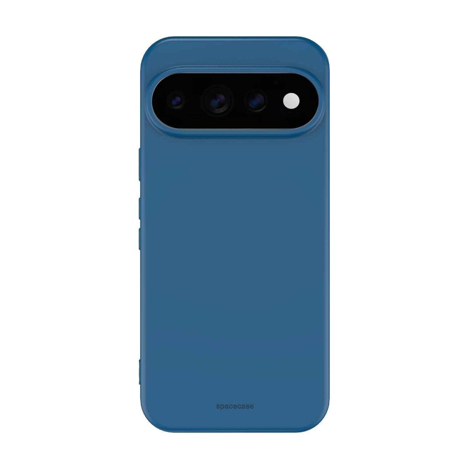 Niebieskie silikonowe etui na telefon z trzema otworami na aparat i jednym na lampę błyskową. Na dole widoczny jest napis \'spacecase\'.