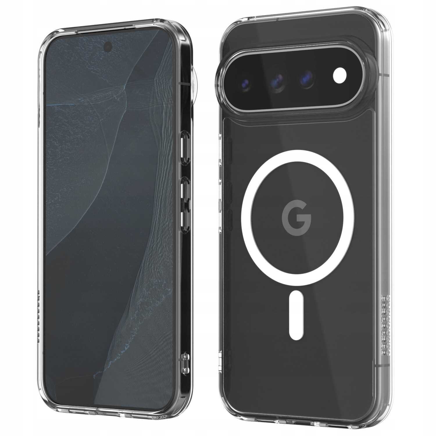 Przezroczyste etui na telefon z widocznym okrągłym wzorem i literą \'G\' na tylnej części. Etui posiada wycięcia na przyciski i aparat z trzema obiektywami.