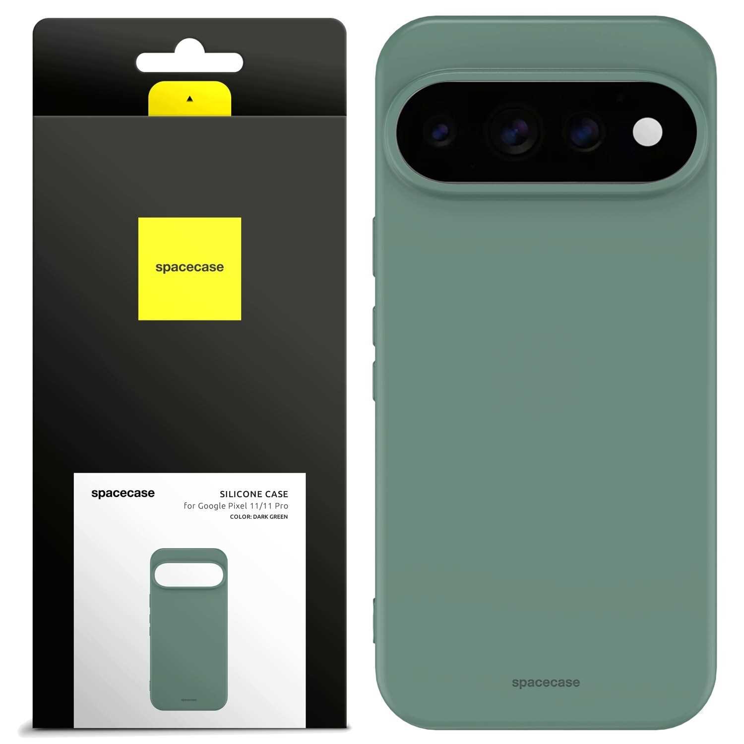 Zielone silikonowe etui na telefon z trzema otworami na aparat. Opakowanie z logo \'spacecase\' i napisem \'SILICONE CASE for Google Pixel 11/11 Pro COLOR: DARK GREEN\'.