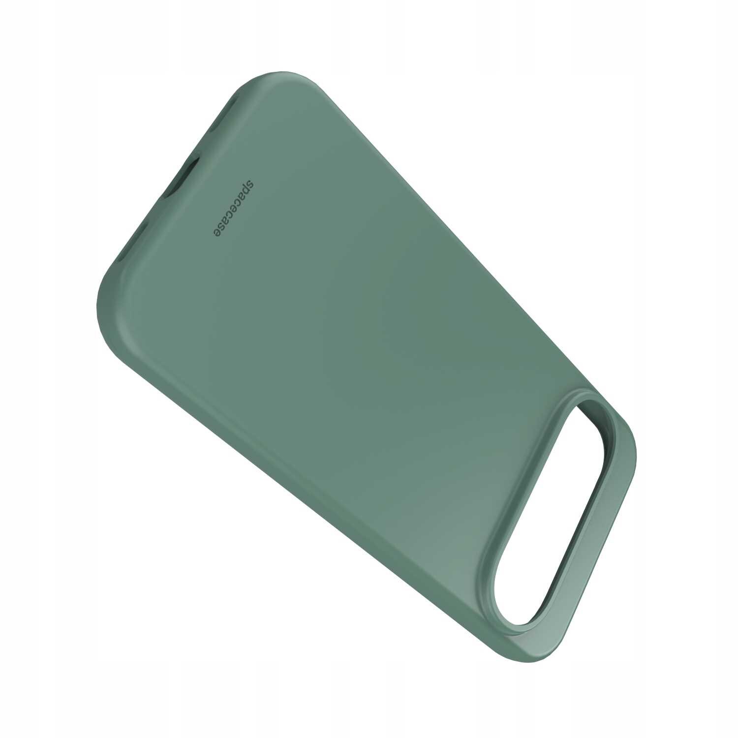 Zielone silikonowe etui z wycięciem na aparat, z widocznym napisem \'spacecase\'.