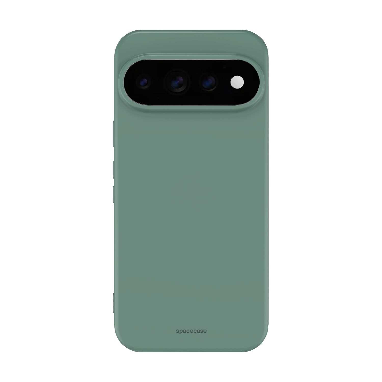 Zielone silikonowe etui na telefon z trzema otworami na aparat i napisem \'spacecase\' na dole.