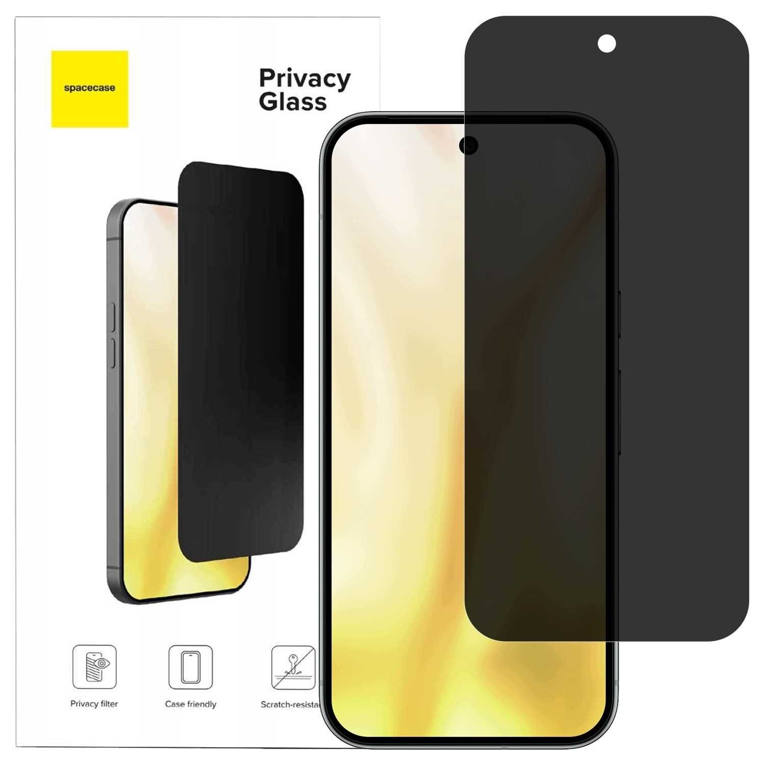 Obraz przedstawia opakowanie szkła prywatyzującego SPACECASE z napisem \'Privacy Glass\'. Widoczny jest telefon z nałożonym szkłem oraz ikony: filtr prywatności, kompatybilność z etui, odporność na zarysowania.