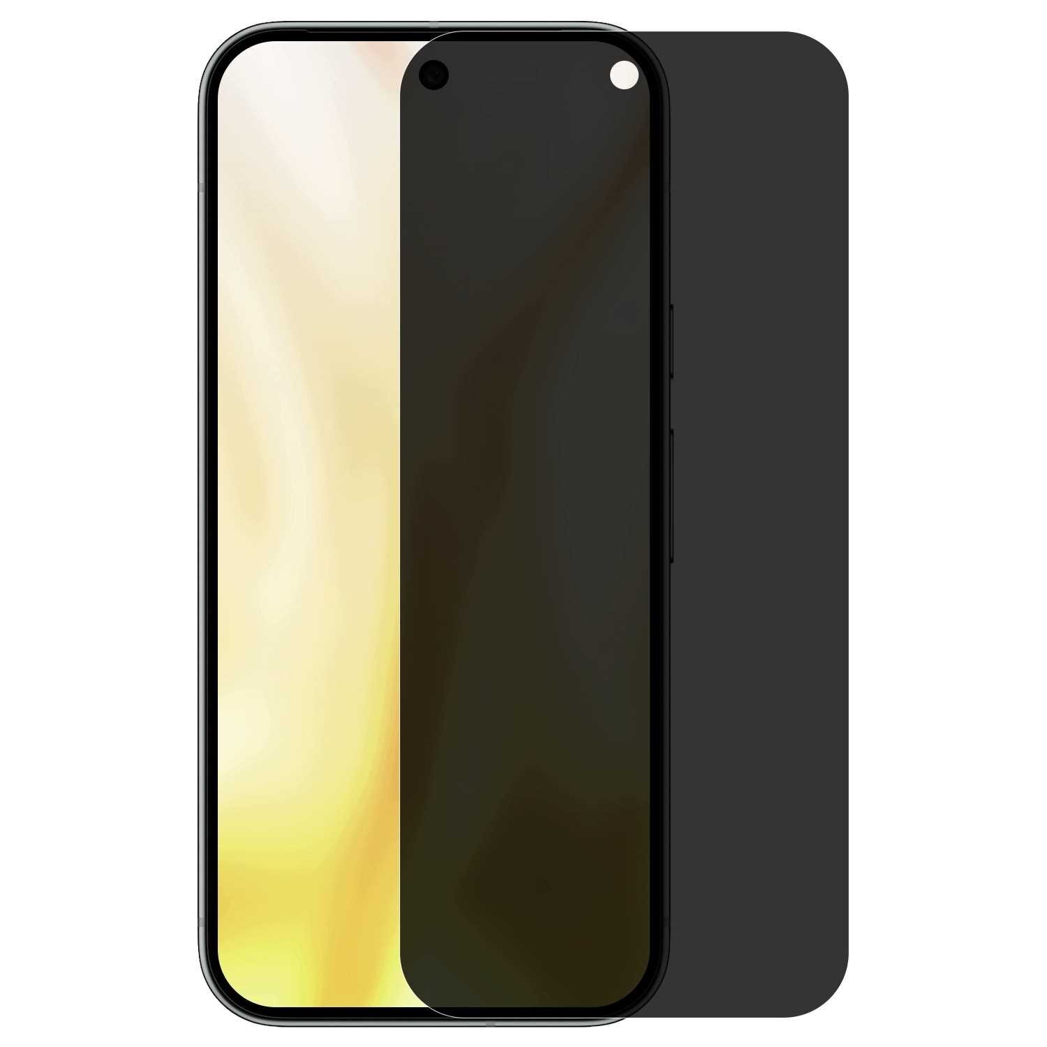 Obraz przedstawia telefon z nałożonym szkłem prywatyzującym, które zaciemnia część ekranu. Szkło ma wycięcie na przednią kamerę.