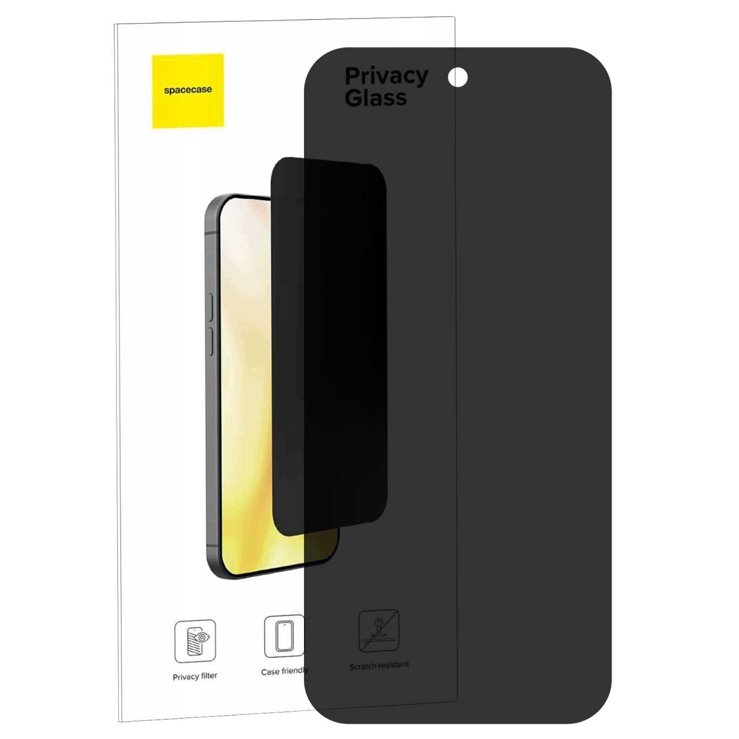 Obraz przedstawia szkło prywatyzujące SPACECASE Glass Privacy z napisem \'Privacy Glass\'. W tle widoczna jest ilustracja telefonu oraz ikony z napisami \'Privacy filter\', \'Case friendly\' i \'Scratch-resistant\'.