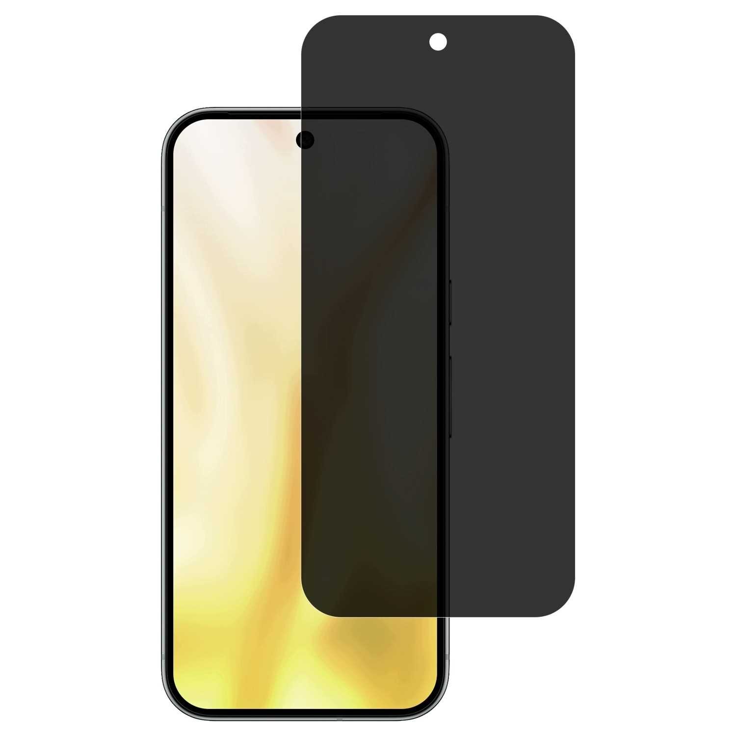 Obraz przedstawia telefon z nałożonym szkłem prywatyzującym, które jest ciemne i ma otwór na kamerę. Ekran telefonu wyświetla abstrakcyjny, jasny wzór.