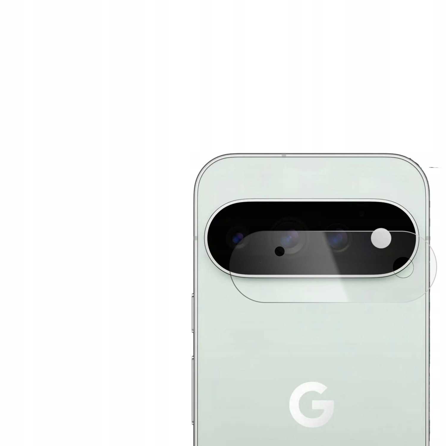 Obraz przedstawia tylną część telefonu z widocznym logo \'G\' oraz modułem aparatu pokrytym szkłem ochronnym. Szkło ochronne jest przezroczyste i dopasowane do kształtu modułu aparatu.