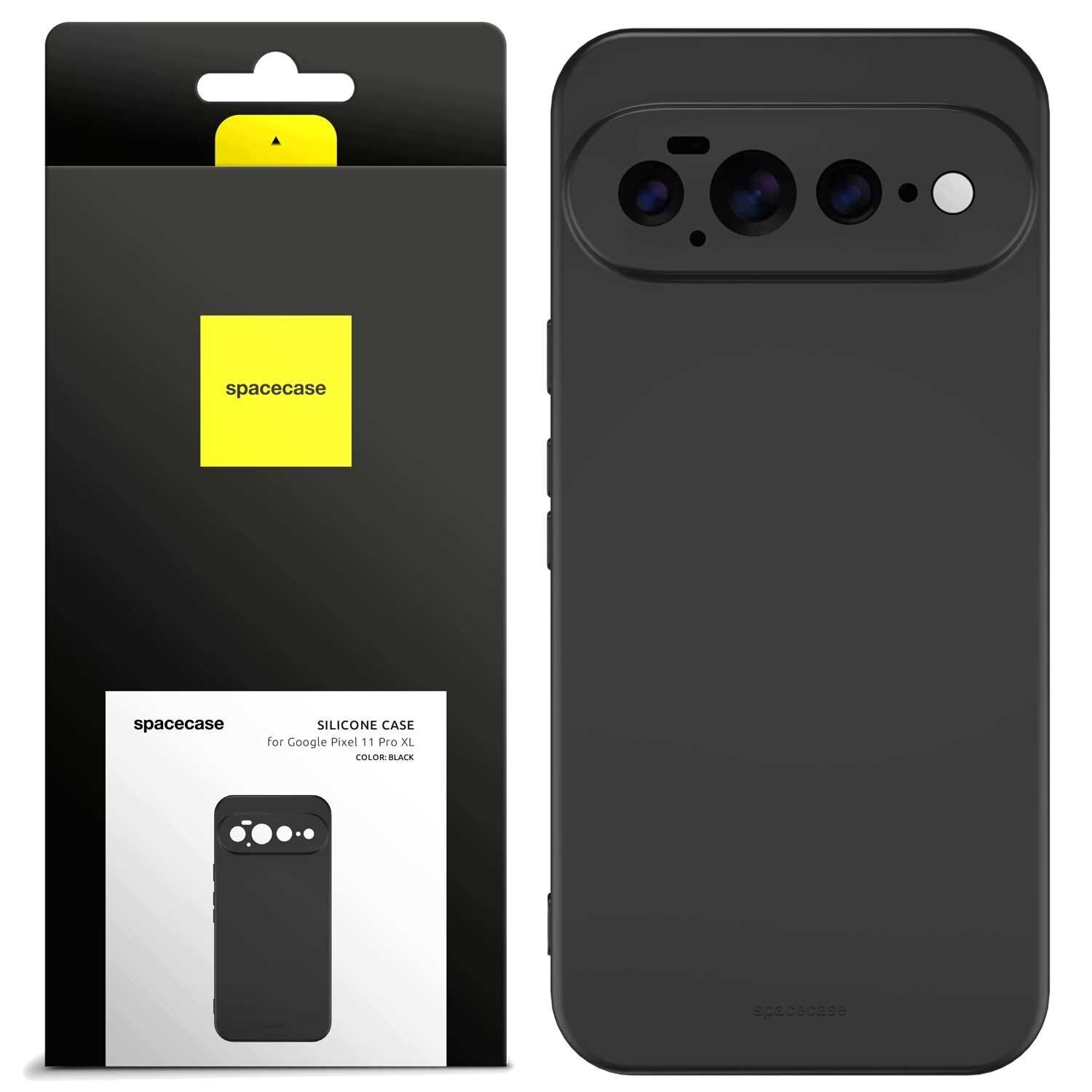 Czarne silikonowe etui na telefon z trzema otworami na aparaty i jednym na lampę błyskową. Opakowanie z logo \'spacecase\' i napisem \'SILICONE CASE for Google Pixel 11 Pro XL COLOR: BLACK\'.