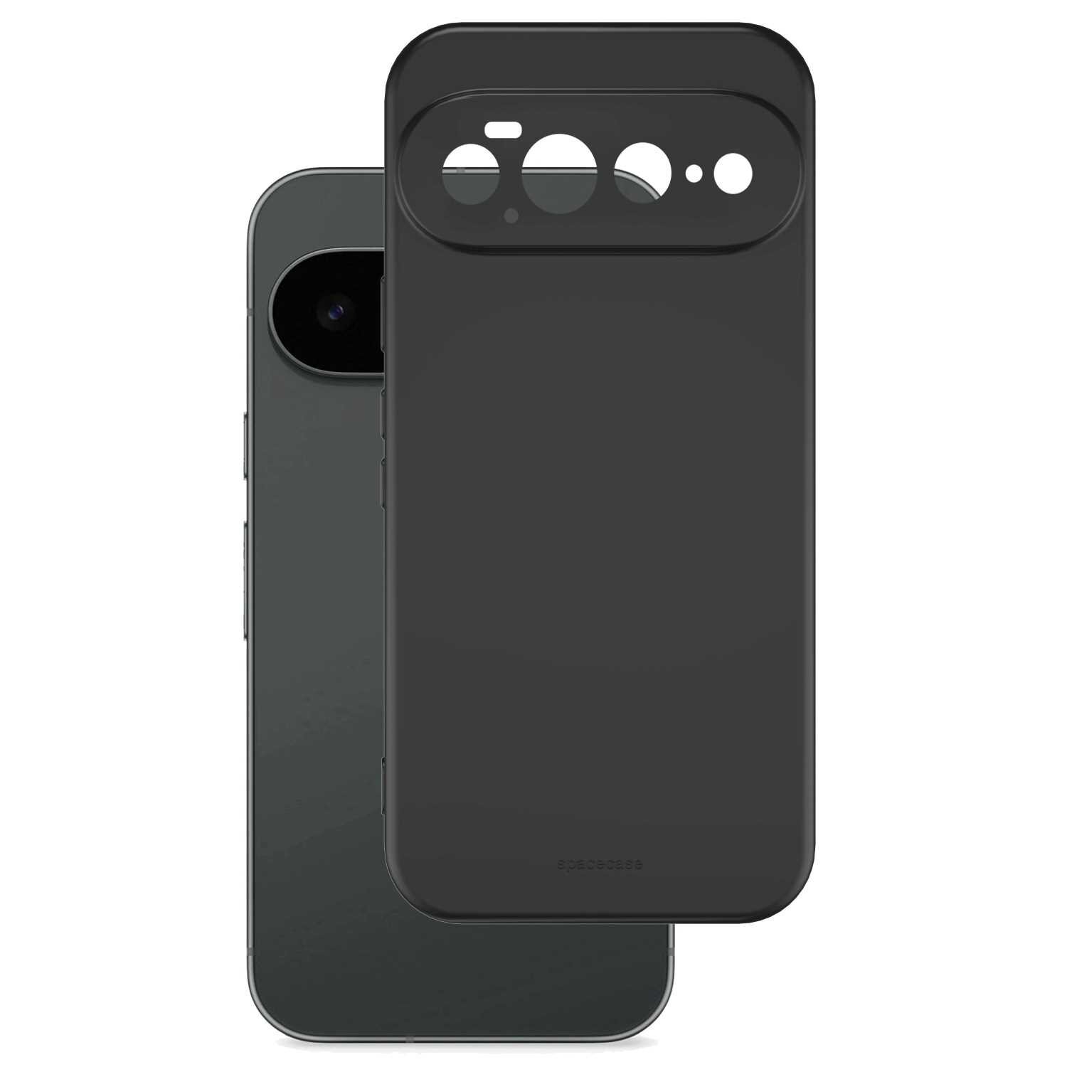 Czarne silikonowe etui z wycięciami na aparat i przyciski, widoczne na tle telefonu. Na etui znajduje się napis \'SPACECASE\'.