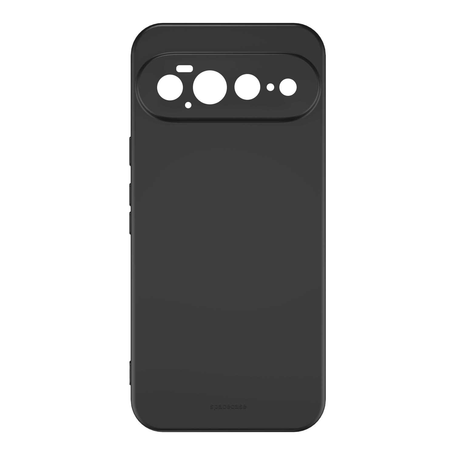 Czarne silikonowe etui z wycięciami na aparat i logo \'SPACECASE\' na dole. Etui jest przeznaczone do telefonu Pixel 11 Pro XL.
