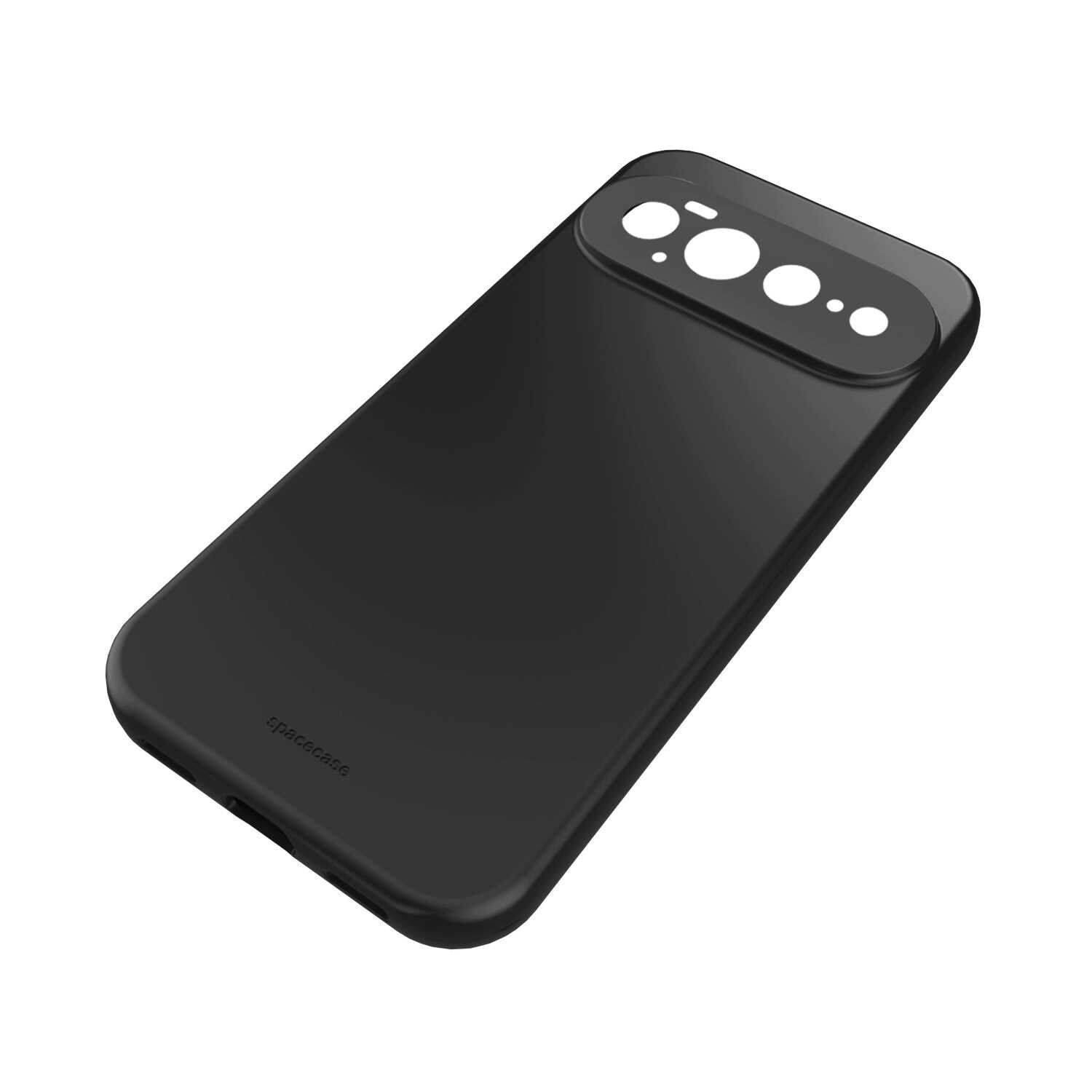 Czarne silikonowe etui z wycięciami na aparat i przyciski, z widocznym napisem \'SPACECASE\' na dole.