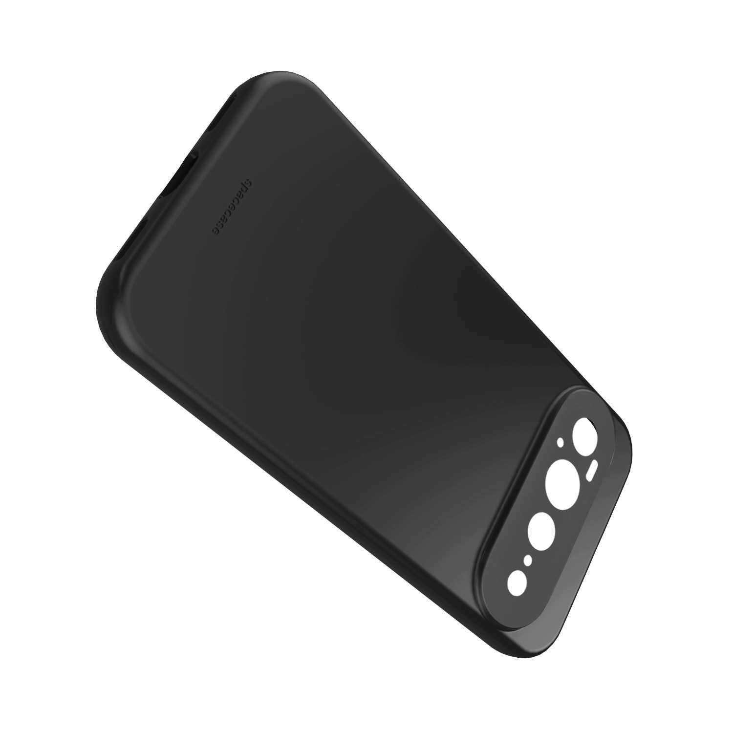Czarne silikonowe etui z wycięciami na aparat i przyciski. Na powierzchni widoczny jest napis \'spacecase\'.