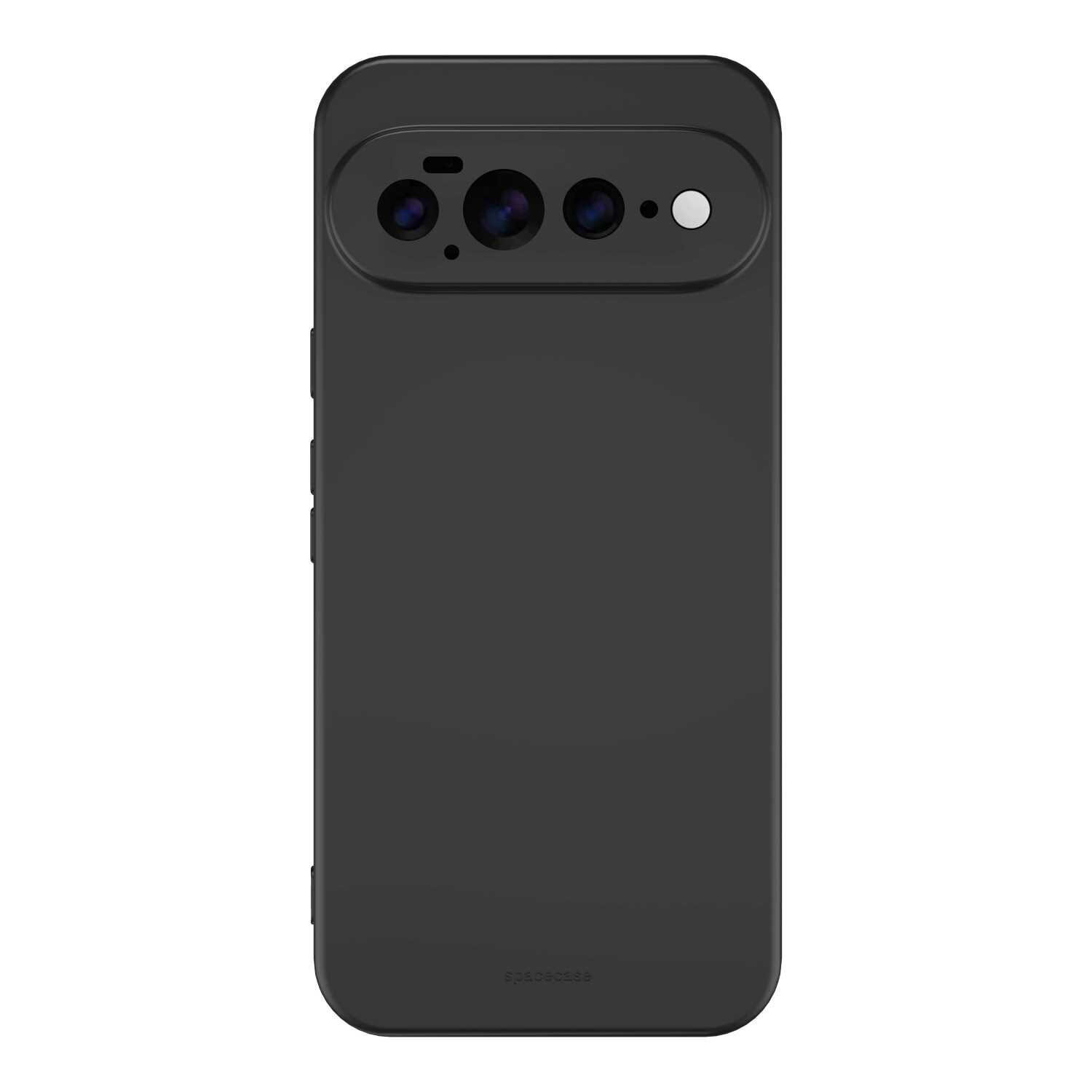 Czarne silikonowe etui z wycięciem na aparat i napisem \'SPACECASE\' na dole. Etui ma gładką powierzchnię i zaokrąglone rogi.
