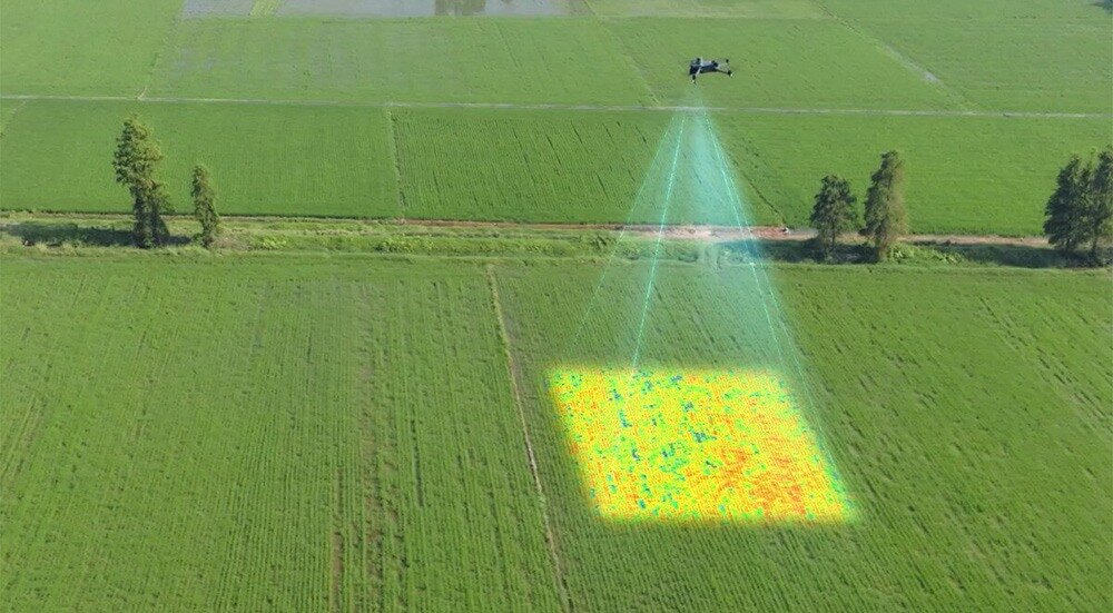 Dron unosi się nad zielonym polem, emitując kolorowy wzór na ziemi. W tle widoczne są drzewa i pola uprawne.
