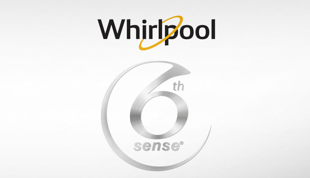 Logo Whirlpool z napisem \'6th sense\' na białym tle.