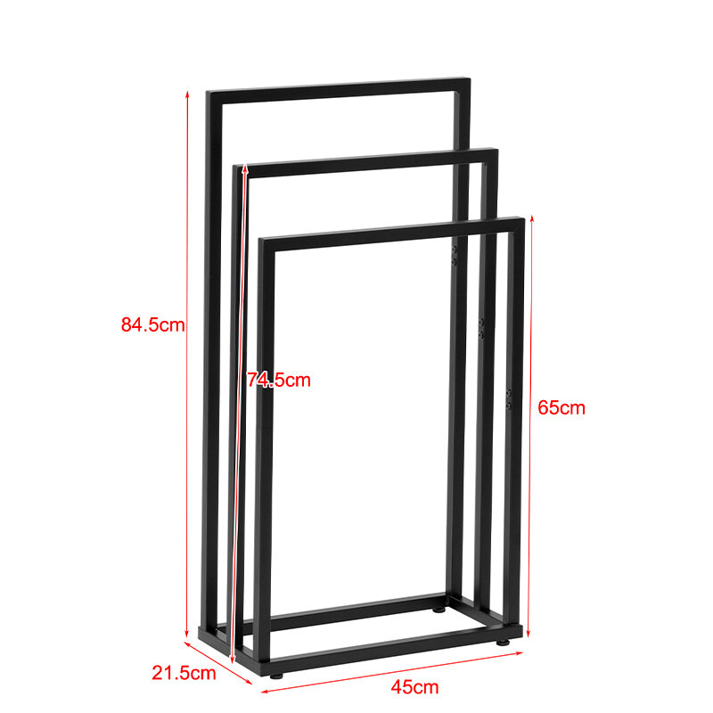 Czarny wieszak stojący na ręczniki z trzema poziomymi ramionami o wysokościach 84.5 cm, 74.5 cm i 65 cm. Podstawa ma wymiary 45 cm na 21.5 cm.