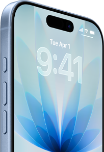 Smartfon z wyświetlaczem pokazującym godzinę 9:41 i datę Tue Apr 1. Na ekranie widoczny jest niebieski wzór przypominający kwiat.