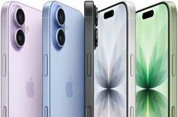 Cztery smartfony w różnych kolorach z widocznymi aparatami i ekranami. Logo Apple na obudowach.