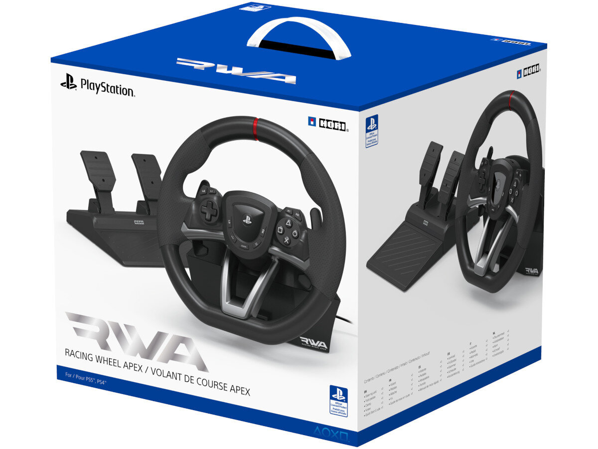 Opakowanie produktu z kierownicą do gier, widoczne logo PlayStation i HORI. Na pudełku napis: \'Racing Wheel Apex / Volant de Course Apex\'.