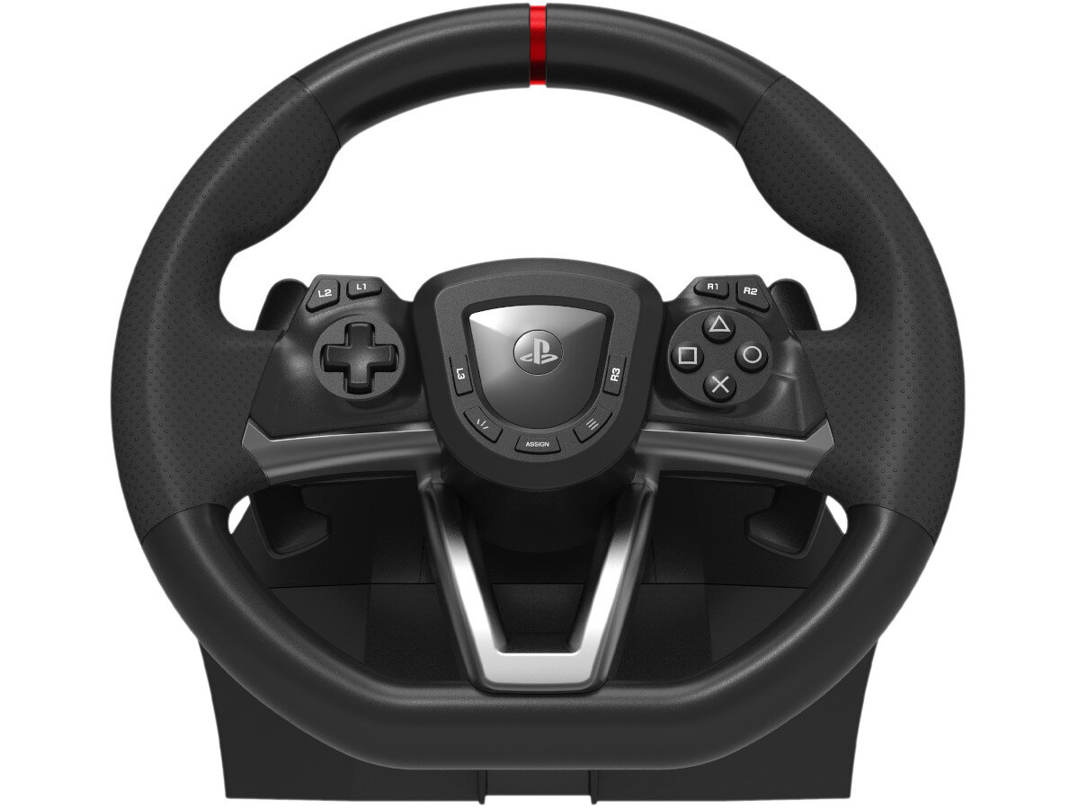 Czarna kierownica do gier z przyciskami i logo PlayStation na środku. Posiada teksturowane uchwyty i czerwony pasek na górze.