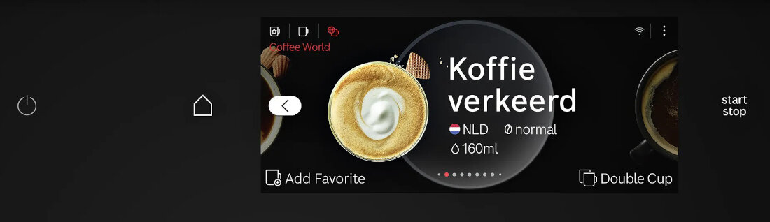 Ekran ekspresu do kawy z wyświetlonym napojem \'Koffie verkeerd\', oznaczeniem \'NLD\', \'normal\', \'160ml\'. Widoczne są ikony: włączania, dodawania do ulubionych, podwójnej filiżanki oraz przycisk \'start stop\'.