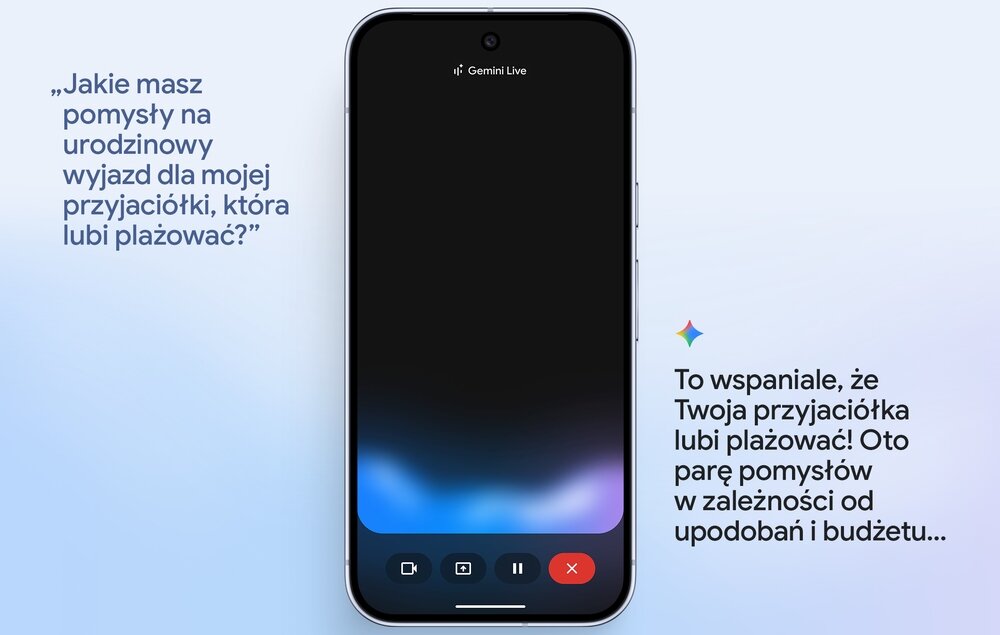 Na obrazie widoczny jest smartfon z aplikacją do rozmów wideo, na ekranie której widać przyciski do sterowania rozmową. Obok telefonu znajduje się tekst: „Jakie masz pomysły na urodzinowy wyjazd dla mojej przyjaciółki, która lubi plażować?” oraz „To wspaniale, że Twoja przyjaciółka lubi plażować! Oto parę pomysłów w zależności od upodobań i budżetu...”.