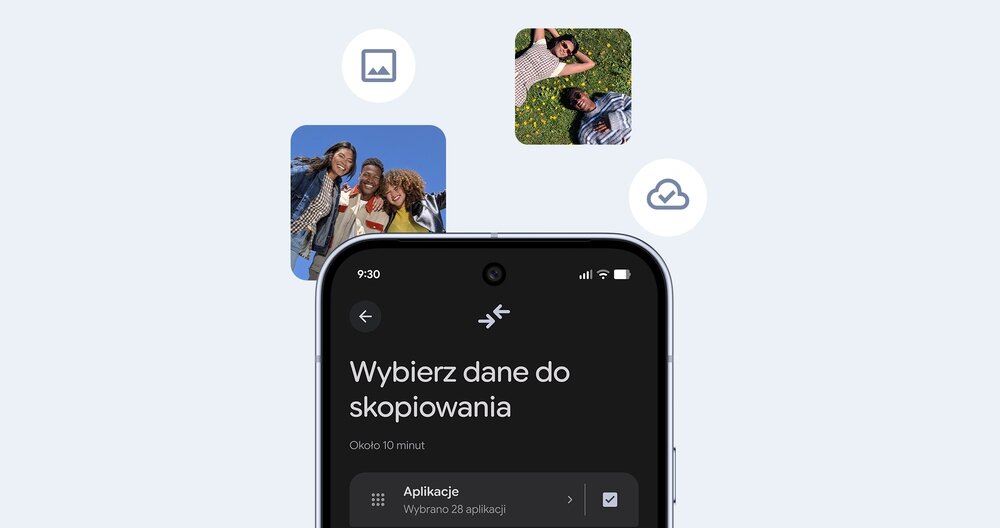 Na obrazie widoczny jest ekran smartfona z napisem \'Wybierz dane do skopiowania\' oraz ikonami przedstawiającymi zdjęcia i chmurę. W tle znajdują się miniatury zdjęć przedstawiające ludzi na zewnątrz.