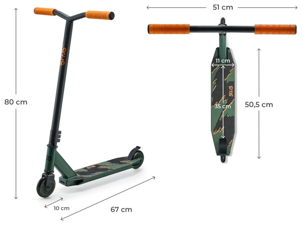 Hulajnoga wyczynowa w kolorze zielonym z pomarańczowymi uchwytami, posiada wymiary: wysokość 80 cm, długość 67 cm, szerokość kierownicy 51 cm. Na podeście widoczny jest wzór w kolorach zielonym i pomarańczowym oraz napis \'SOLIS\'.