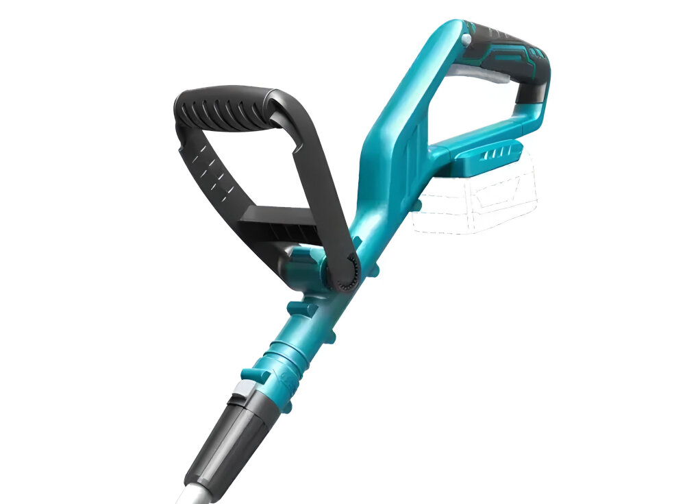 Obraz przedstawia fragment podkaszarki akumulatorowej w kolorze niebieskim z czarnymi elementami, z widocznym uchwytem i częścią obudowy. Produkt ma ergonomiczny kształt i jest przeznaczony do użytku w ogrodzie.