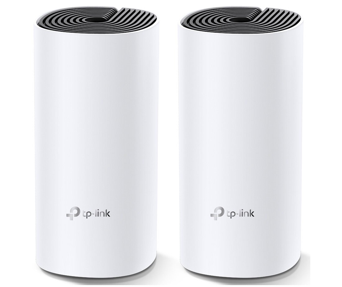 Na obrazie znajdują się dwa białe, cylindryczne urządzenia z logo \'tp-link\' na przedniej części. Górna powierzchnia każdego urządzenia ma czarny, spiralny wzór.
