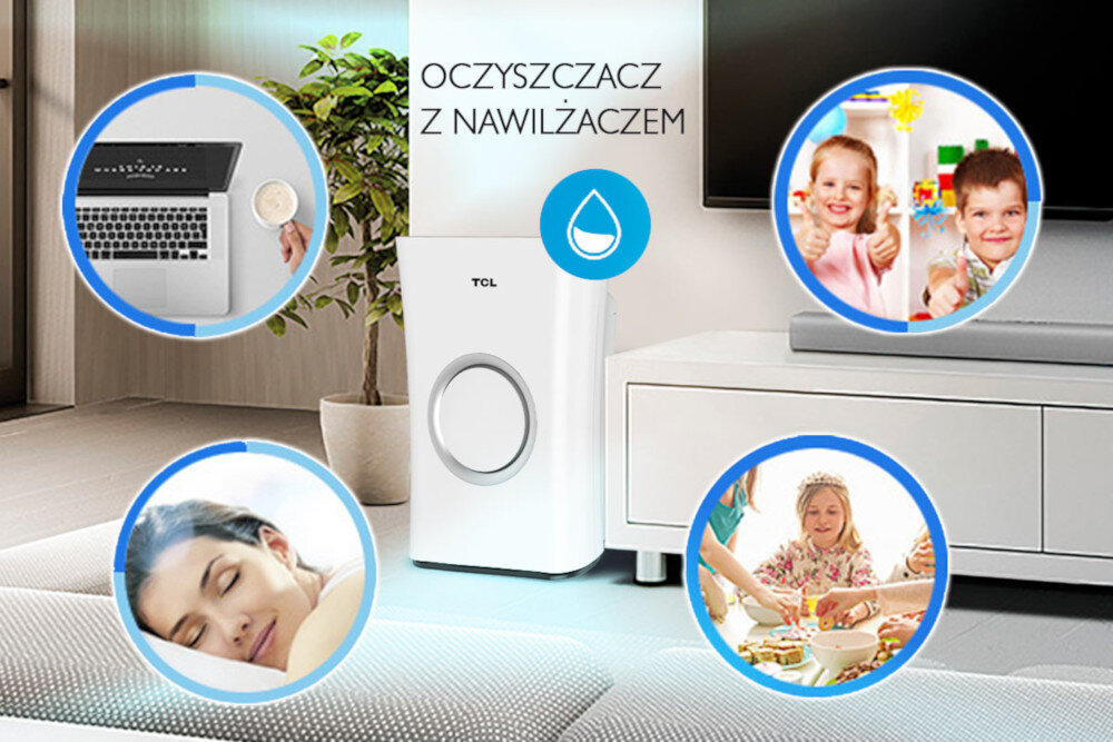 Na obrazie znajduje się oczyszczacz powietrza TCL z nawilżaczem, obok którego widnieje napis \'OCZYSZCZACZ Z NAWILŻACZEM\'. Wokół urządzenia umieszczone są cztery okrągłe zdjęcia przedstawiające różne sceny, w tym osobę przy komputerze, śpiącą kobietę oraz dzieci bawiące się i gotujące.