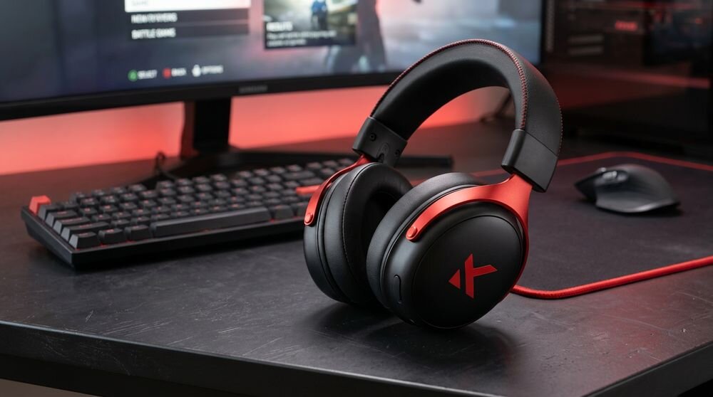 Słuchawki MCHOSE HW-V9-4 z łącznością 2.4 GHz Bluetooth i przewodową oraz zasięgiem do 40 metrów, słuchawki gamingowe stojące na biurku gamingowym