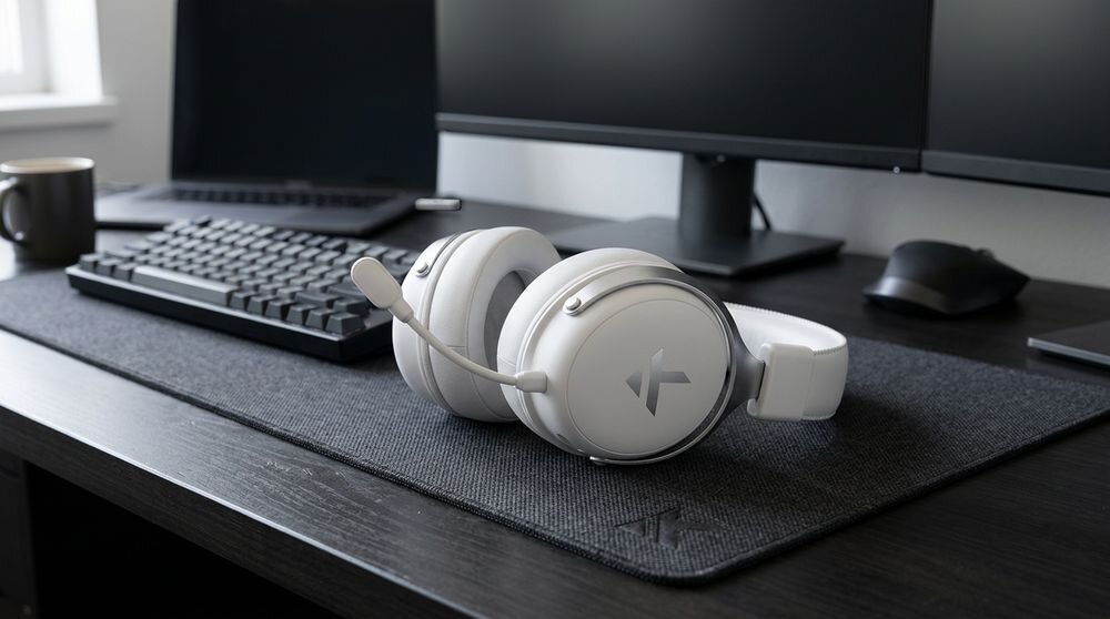 Słuchawki MCHOSE HW-V9-5 z łącznością 2.4 GHz Bluetooth i przewodową oraz zasięgiem do 40 metrów, słuchawki gamingowe stojące na biurku gamingowym