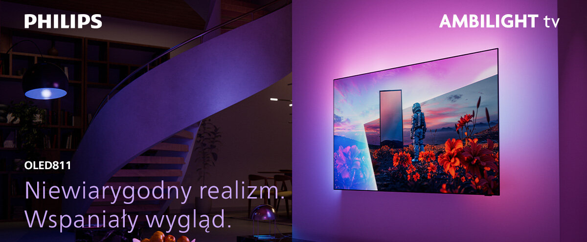 Na obrazie widoczny jest telewizor zamontowany na ścianie, emitujący kolorowe światło Ambilight. Obok znajduje się tekst: \'PHILIPS OLED811 Niewiarygodny realizm. Wspaniały wygląd. AMBILIGHT tv\'.