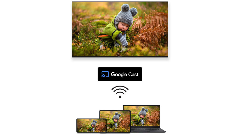 Obraz przedstawia telewizor wyświetlający zdjęcie dziecka w zimowej czapce na tle jesiennego krajobrazu. Poniżej znajduje się napis \'Google Cast\' oraz ikony urządzeń z tym samym obrazem, symbolizujące funkcję przesyłania obrazu.