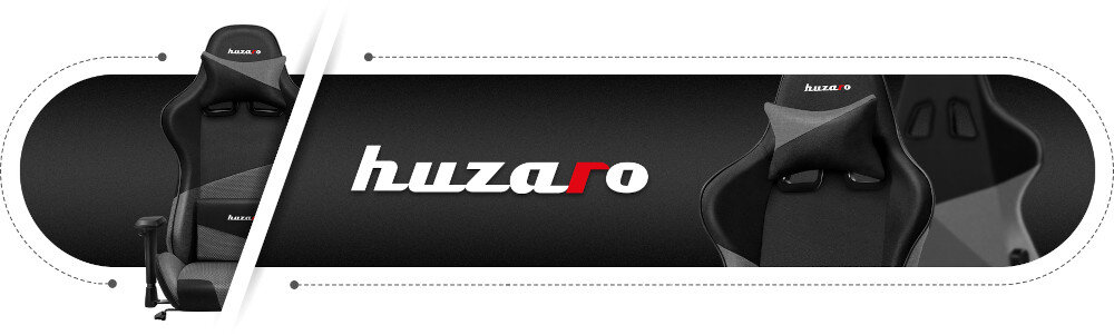 Obraz przedstawia fotel gamingowy z logo \'huzaro\' na oparciu. Tło jest czarne z dużym napisem \'huzaro\' na środku.