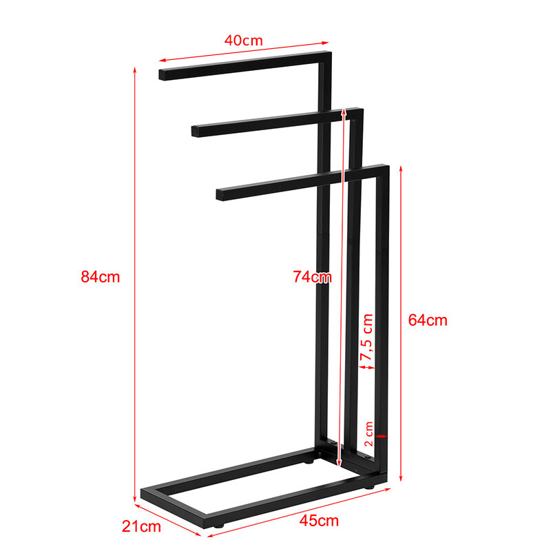 Czarny wieszak stojący na ręczniki z trzema poziomymi ramionami o różnych wysokościach. Wymiary: 84 cm, 74 cm, 64 cm wysokości; 40 cm, 45 cm, 21 cm szerokości; 7,5 cm, 2 cm grubości.