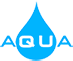 Logo w kształcie kropli wody z napisem \'AQUA\' w środku. Kolor logo jest niebieski.
