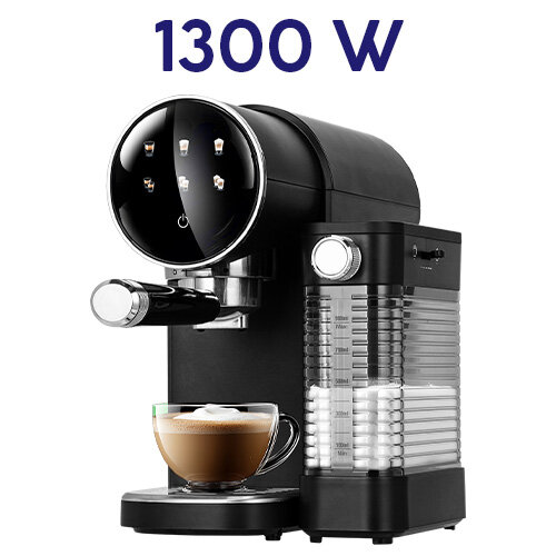 Czarny ekspres do kawy z widocznym napisem \'1300 W\' oraz filiżanką kawy na podstawce.
